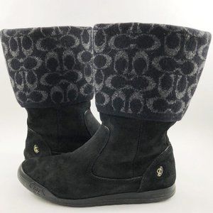 COACH Tatum Black Suede & Wool Foldover Signature Logo Mid-Calf Boots 8M